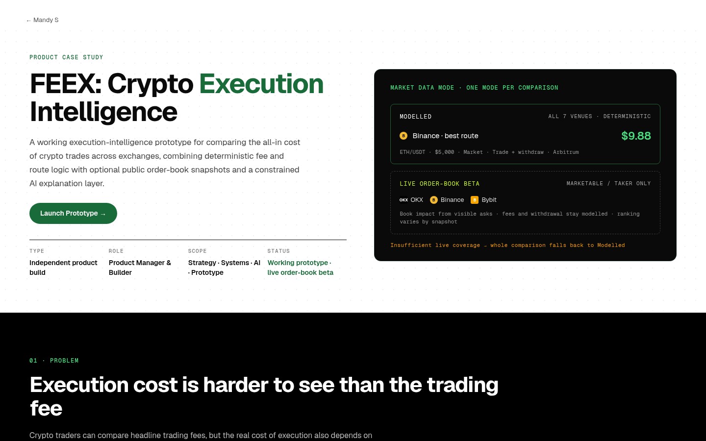 FEEX editorial case study — hero headline, market-data mode panel and metadata row