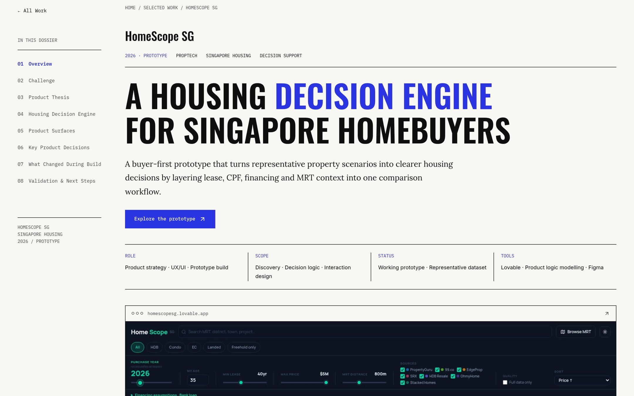 HomeScope SG editorial case study — contents rail, housing decision-engine headline, metadata and current prototype plate